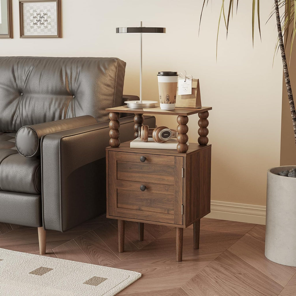 Veegle Nightstand,Modern Bedside Table with Storage Drawer and Open Wood Shelf, for Bedroom and Small Spaces,Night Stand with Solid Wood Legs (Walnut Brown)
