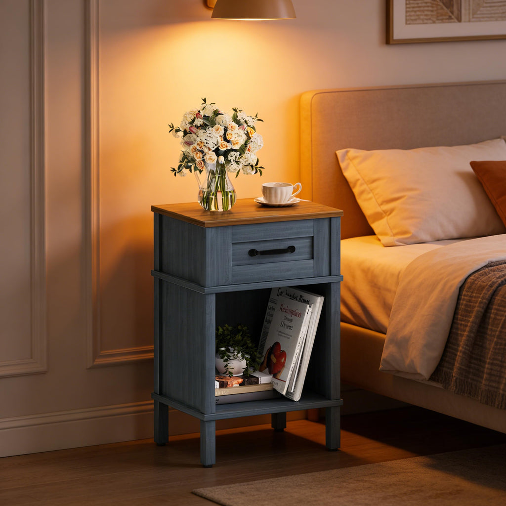 Farmhouse Nightstand with Drawer, Small Wood Bedside Table, Small Rustic Side Table, Modern End Table with Drawer, Wooden Walnut Brown Night Stand for Bedroom LET512DR