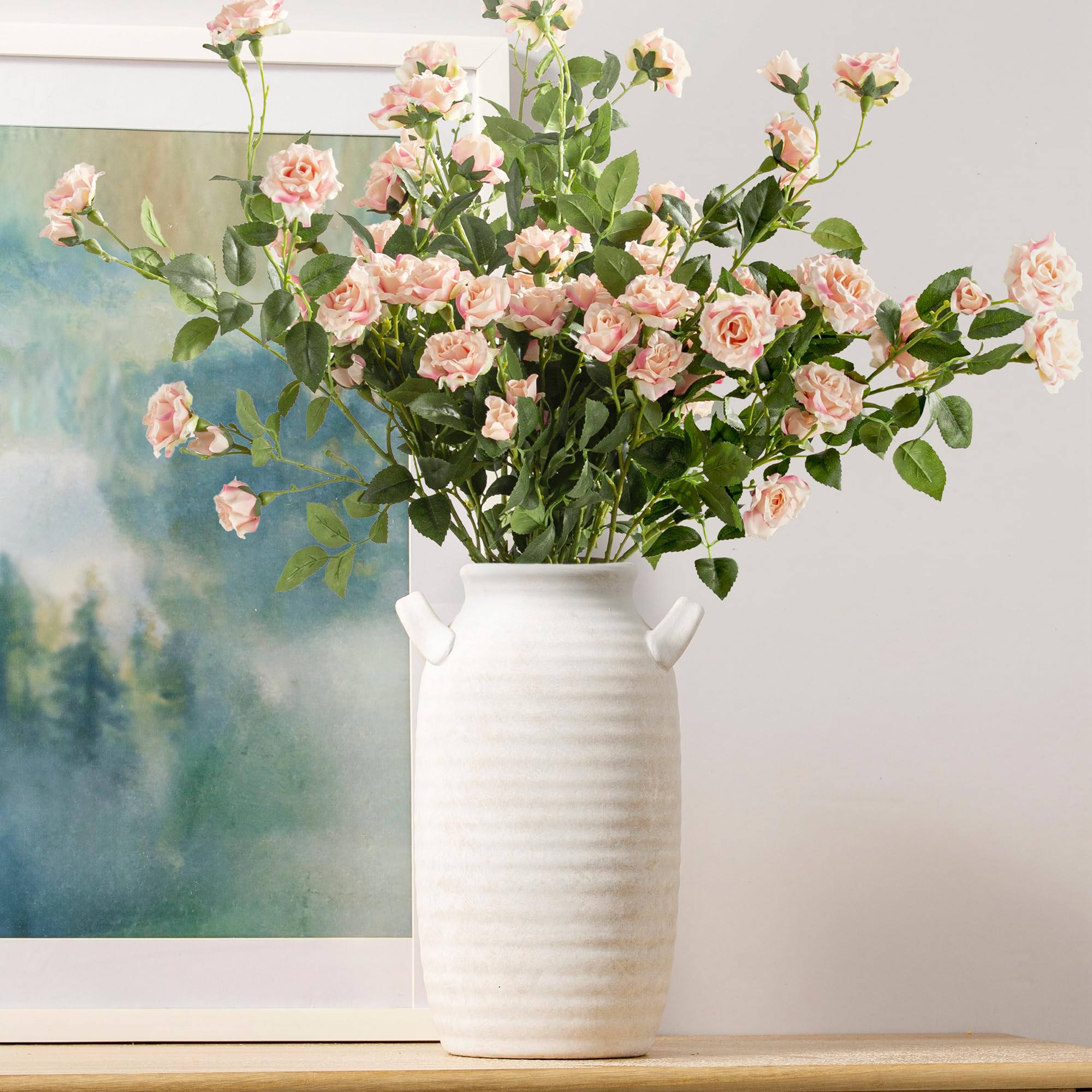 Vanselia Ceramic Flower Vase Home Decor - Farmhouse Table Vases with Handle Living Room Decoration Vintage Decorative Aesthetic for Shelf Coffee Dining Desk House Bookshelf Fireplace (7.1" Retro)