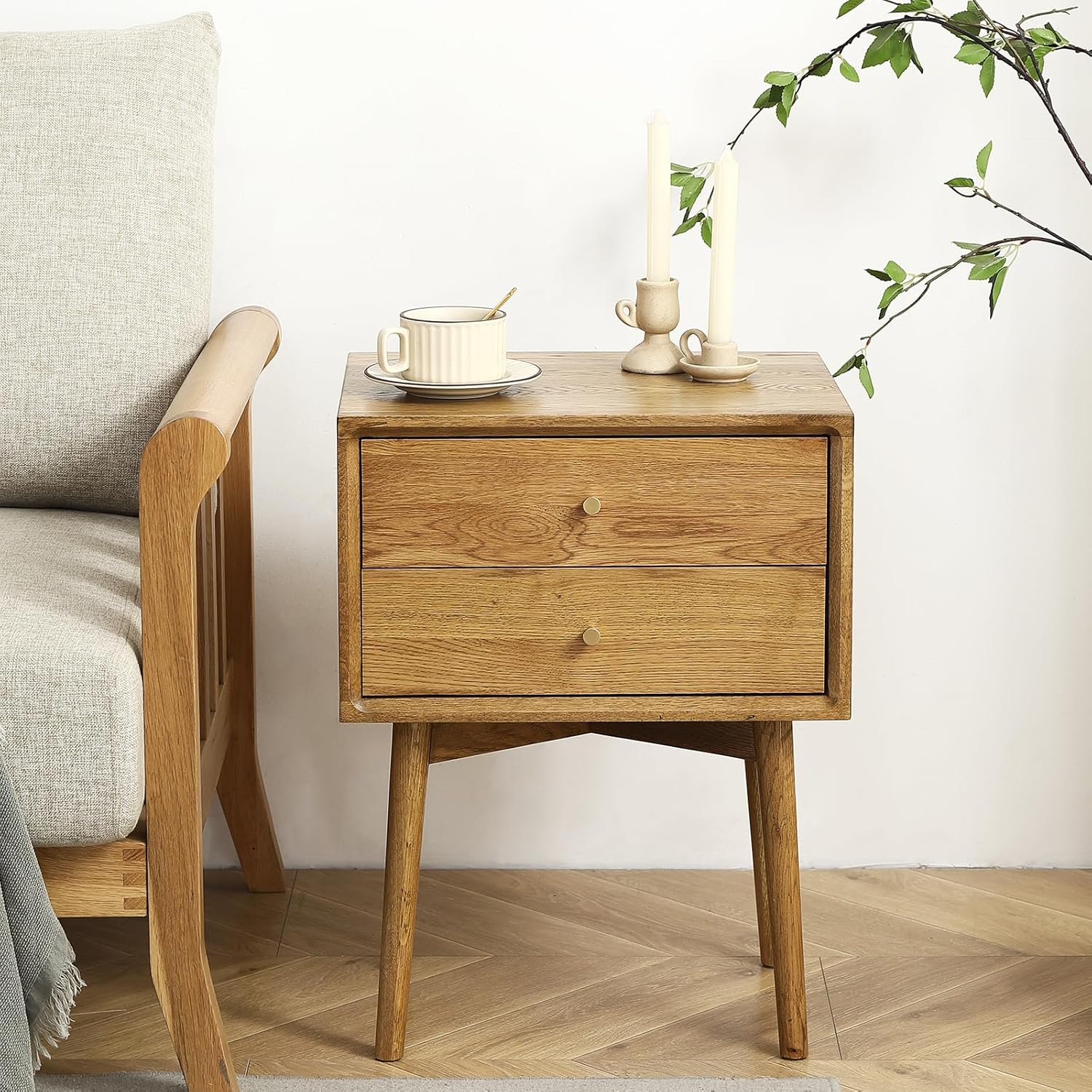 Solid Wood Bedside Table Nightstands, Mid-Century Natural Oak Modern End Table with Drawers Vintage Aesthetic Durable Real Wooden Cabinet Organizer for Bedroom, Light Walnut Color