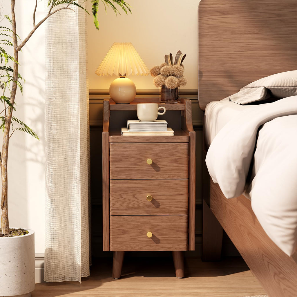 Narrow Nightstand with 2 Drawers,Walnut Nightstand,Bedside Table,Solid Wood Modern Bedside Table for Bedroom,Study,Toilet