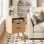 MAHANCRIS Natural Nightstand with Charging Station, Modern Bedside Table with 2 Storage Drawers, Open Storage, Night Stand with Solid Wood Legs, for Bedroom, End Side Table for Small Spaces, ETNA69E01