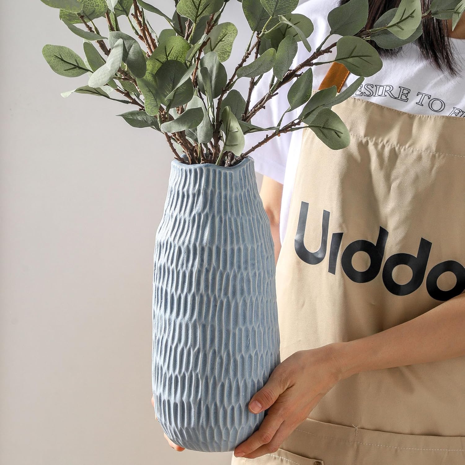 Uiddo 12.6 Inch Mat Blue Modern Handmade Ceramic Vase, Rustic Farmhouse Decorative Flower Vases for Home Decor,Pampas Grass Bouquet, Living Room,Kitchen,Office,Bedroom,Centerpiece Table Decorations