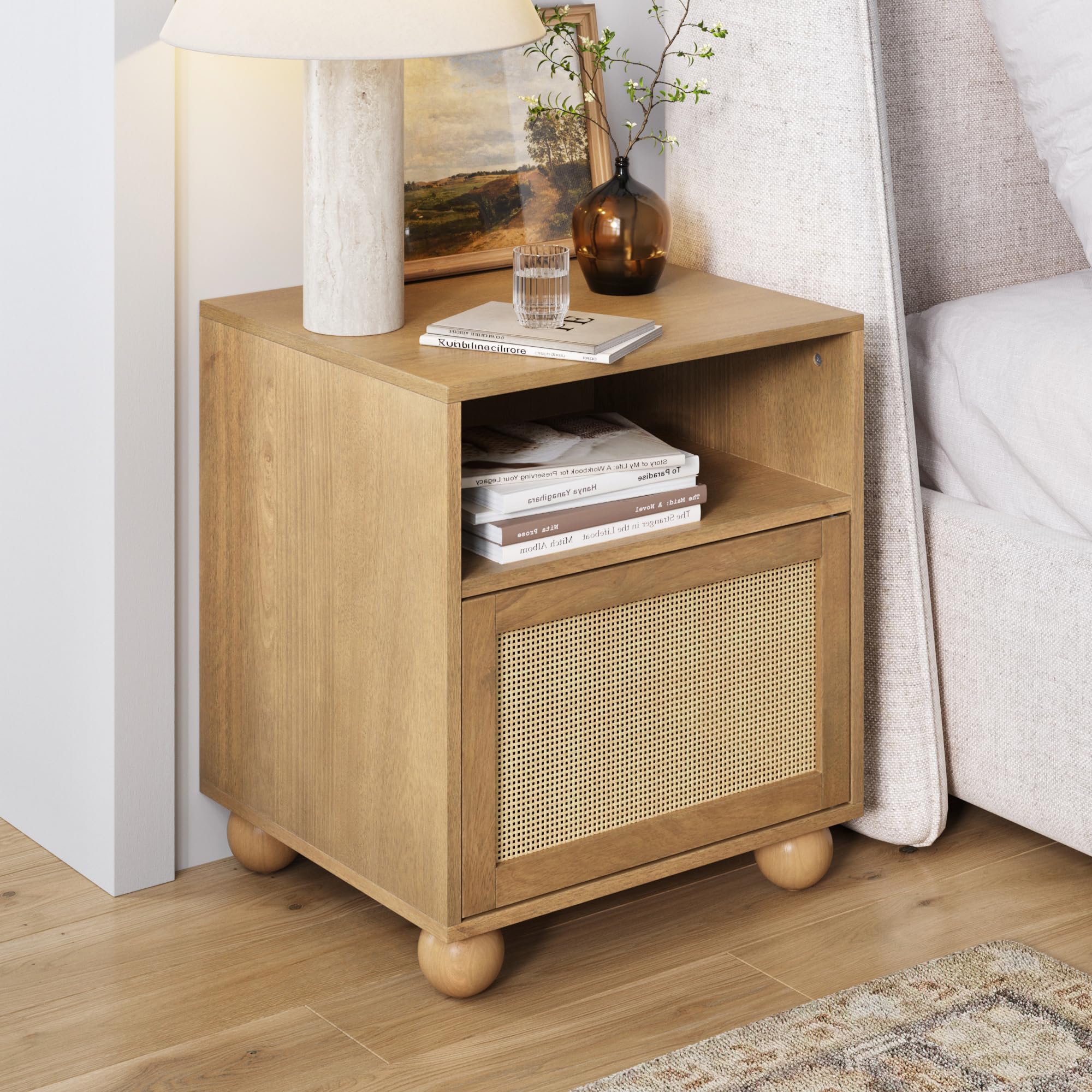Nathan James Solace Mid Century Modern 2 Drawer Nightstand with Solid Wood Frame and Rounded Details, Raw Oak