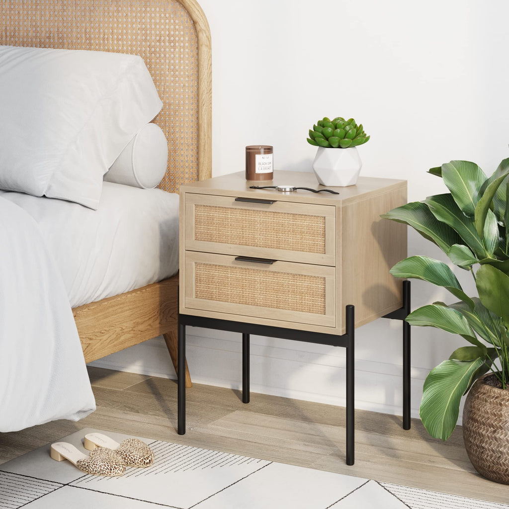 Nathan James Solace Mid Century Modern 2 Drawer Nightstand with Solid Wood Frame and Rounded Details, Raw Oak