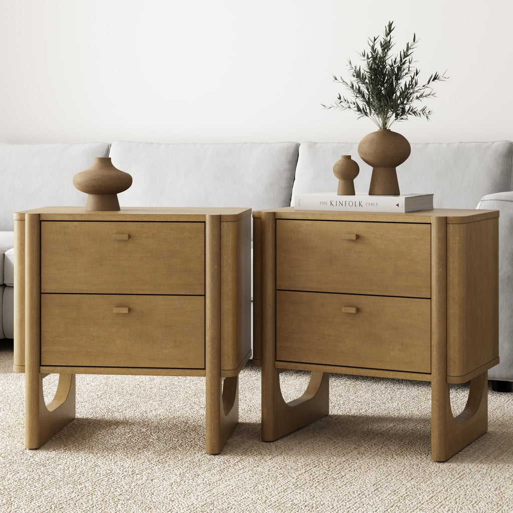 Nathan James Solace Mid Century Modern 2 Drawer Nightstand with Solid Wood Frame and Rounded Details, Raw Oak