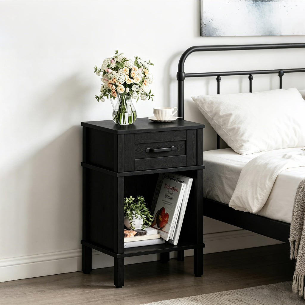 Farmhouse Nightstand with Drawer, Small Wood Bedside Table, Small Rustic Side Table, Modern End Table with Drawer, Wooden Walnut Brown Night Stand for Bedroom LET512DR