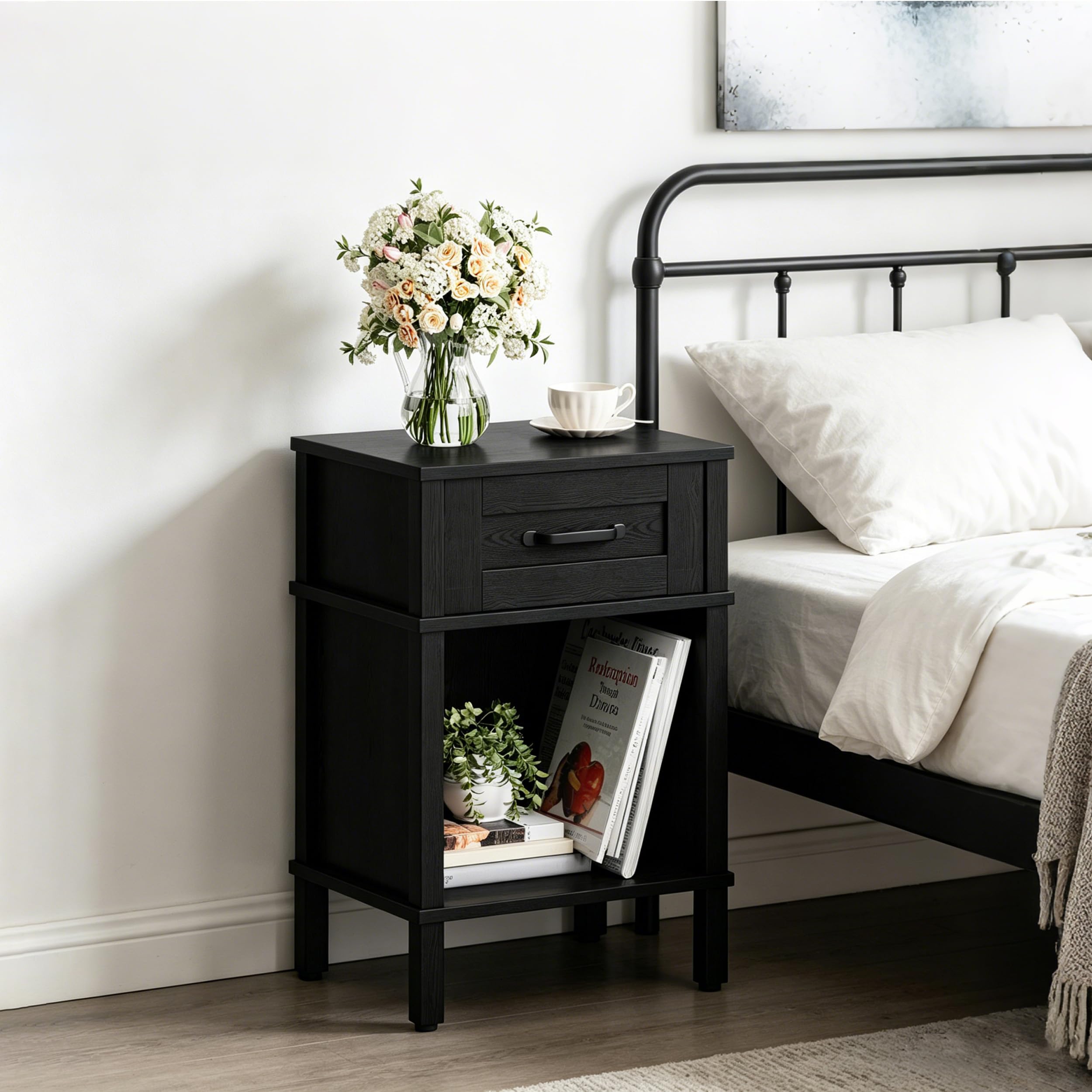 Farmhouse Nightstand with Drawer, Small Wood Bedside Table, Small Rustic Side Table, Modern End Table with Drawer, Wooden Walnut Brown Night Stand for Bedroom LET512DR