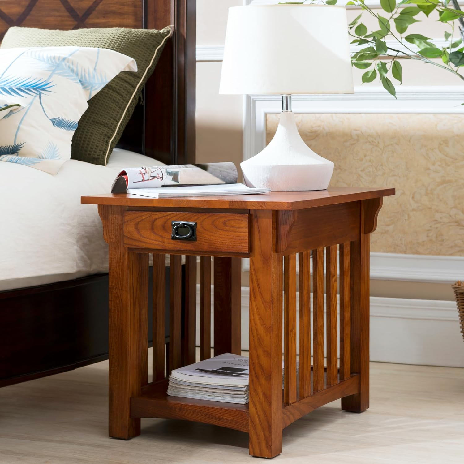 Leick Home Mission End Table, Solid Wood Construction, 1 Storage Drawer, Bottom Display Shelf, Slatted Sides, Easy-Assembly, Medium Oak, 25.0 in. W x 22.0 in. L x 23.0 In. H, 8207