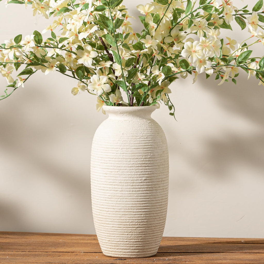 Ceramic Flower Vase, 7.48 Inch White Rustic Farmhouse Decorative Vase Pottery Wide-Mouth Vases for Home Decor Table Living Room Entryway Mantel Bookshelf Bedroom Bathroom Kitchen