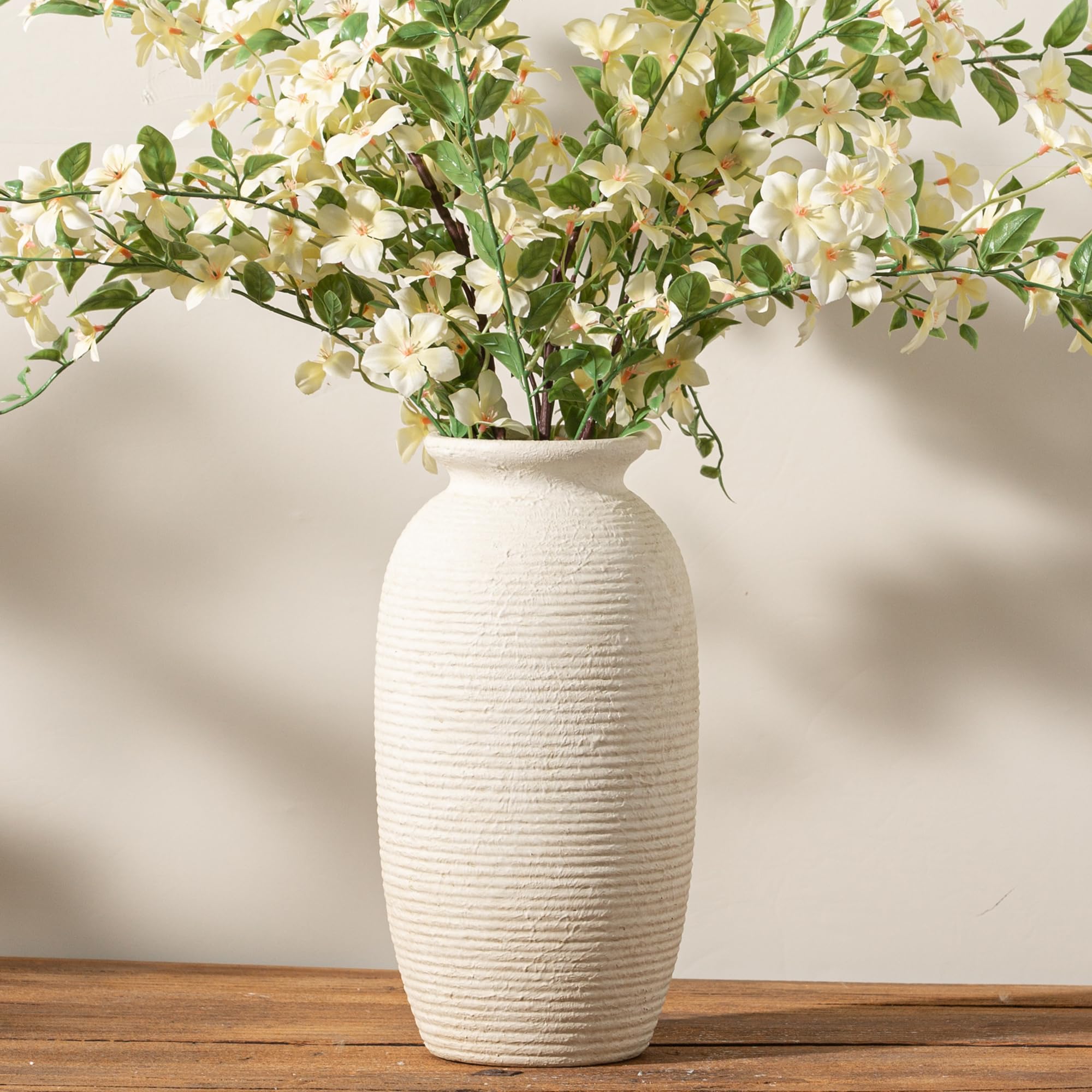 Ceramic Flower Vase, 7.48 Inch White Rustic Farmhouse Decorative Vase Pottery Wide-Mouth Vases for Home Decor Table Living Room Entryway Mantel Bookshelf Bedroom Bathroom Kitchen