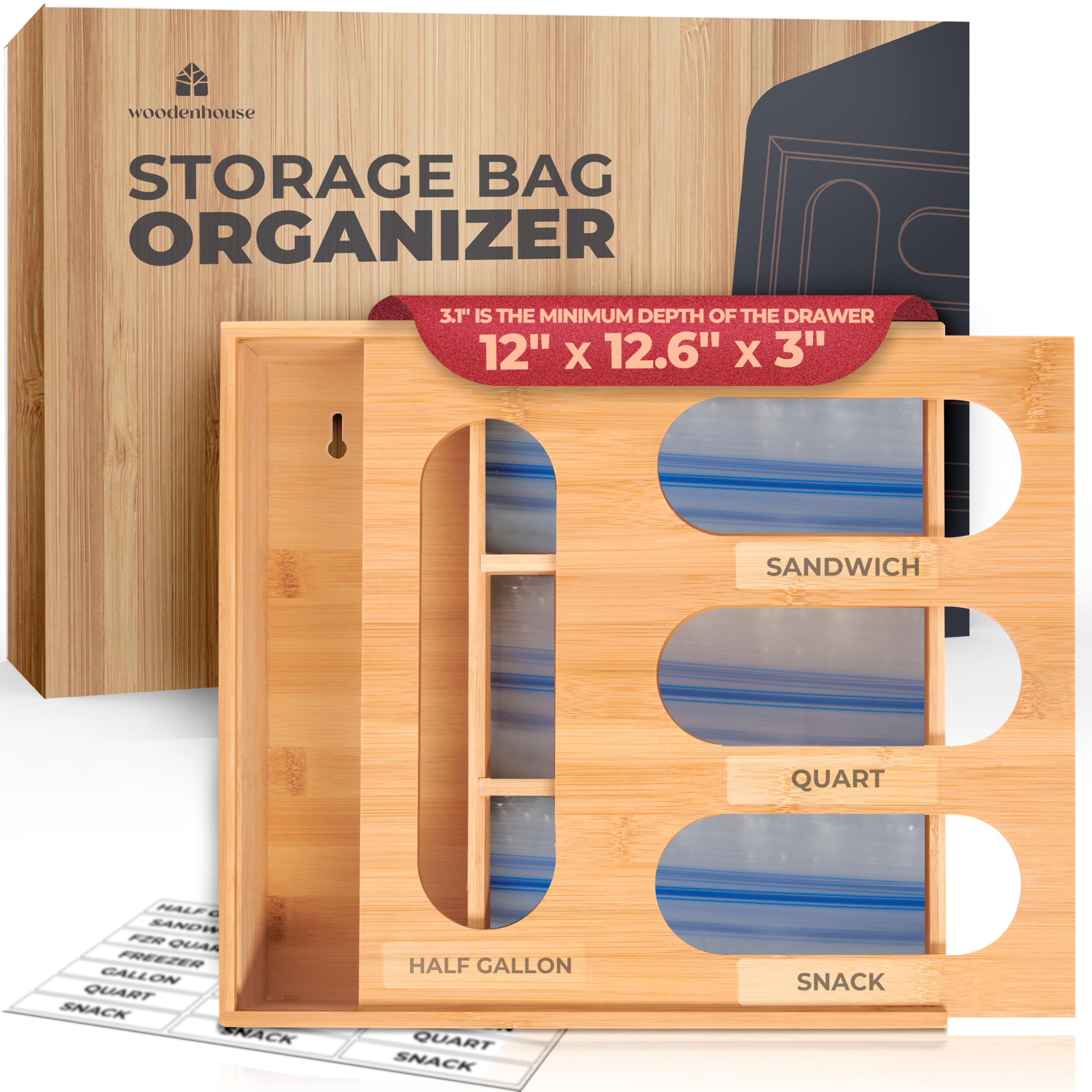 Storage Bag Organizer, Bamboo Baggie Organizer for Drawer, 4 Modular Blocks for Kitchen Organization, Plastic Bag Storage Organizer, Quick Refill - Fits Gallon, Quart, Sandwich, Snack Size Bags