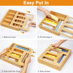 DUJEN Plastic Bag Organizer for Drawer, Bamboo Food Storage Bags Container Organizer with Slider, Baggie Bags Storage for Drawer Compatible with Gallon, Sandwich Variety Size Bags