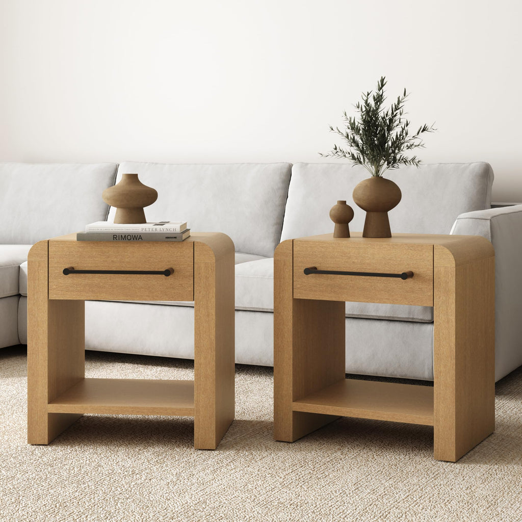 Nathan James Solace Mid Century Modern 2 Drawer Nightstand with Solid Wood Frame and Rounded Details, Raw Oak