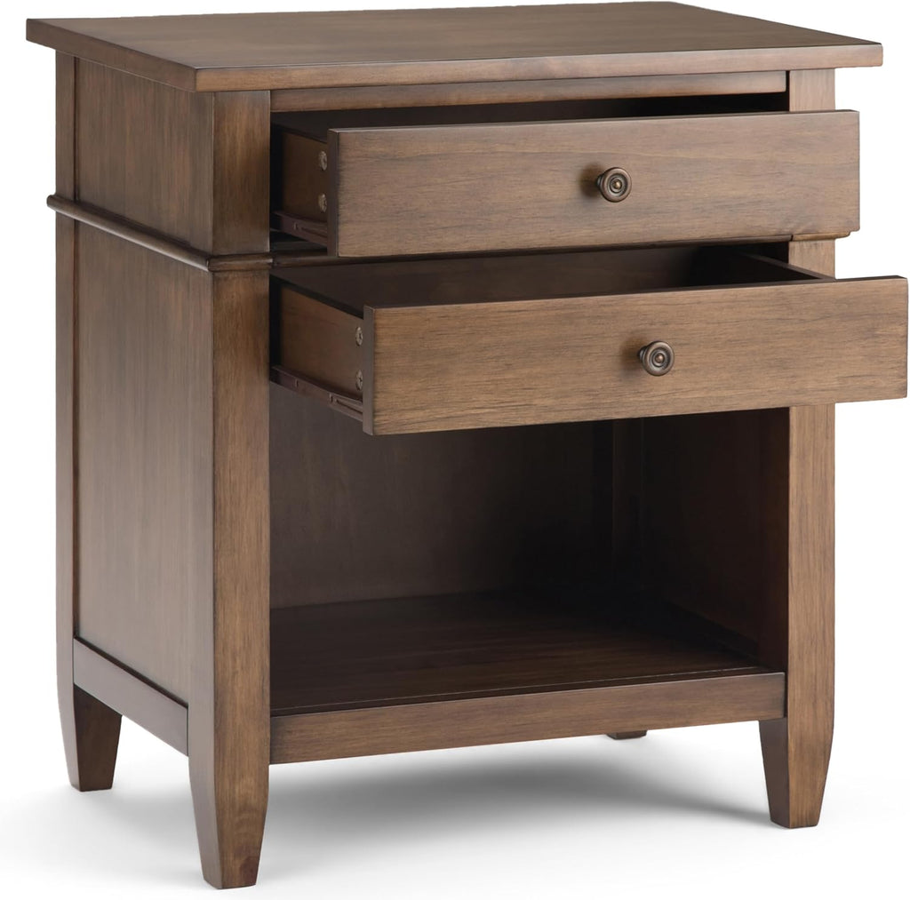 SIMPLIHOME Carlton Bedside Table - 24 inch Wide Solid Wood Nightstand Table in Rustic Natural Aged Brown, Transitional Bedroom Side or End Table with 2 Drawers, Open Storage Shelf and Bronze Hardware