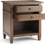 SIMPLIHOME Carlton Bedside Table - 24 inch Wide Solid Wood Nightstand Table in Rustic Natural Aged Brown, Transitional Bedroom Side or End Table with 2 Drawers, Open Storage Shelf and Bronze Hardware