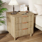 Fluted Nightstand with Charging Station, 2 Drawers Storage Bedside Table, Solid Wood Modern Nightstand with Open Shelf, Curved Profile Design, End Table for Indoor Room Bedroom Office, Oak