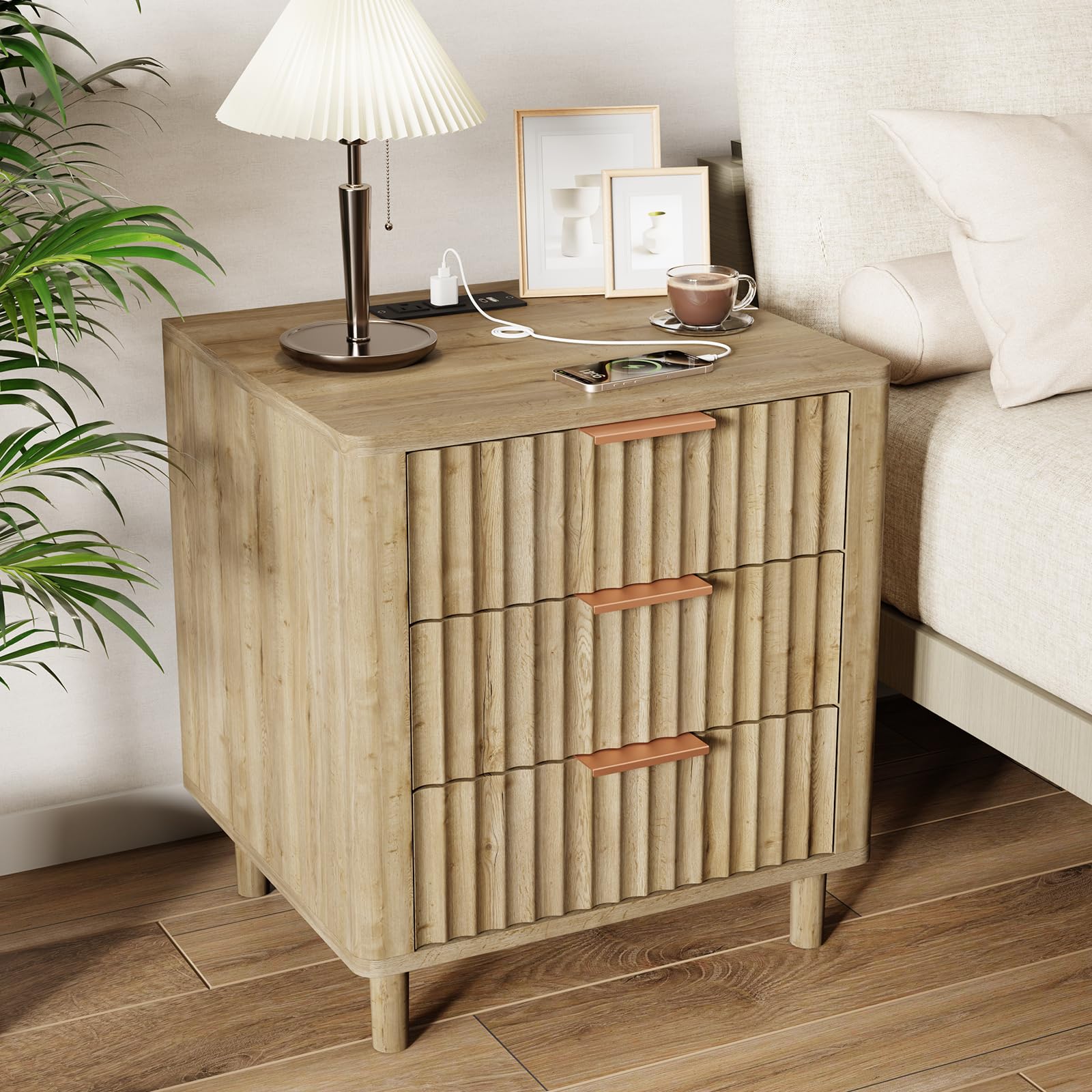 Fluted Nightstand with Charging Station, 2 Drawers Storage Bedside Table, Solid Wood Modern Nightstand with Open Shelf, Curved Profile Design, End Table for Indoor Room Bedroom Office, Oak
