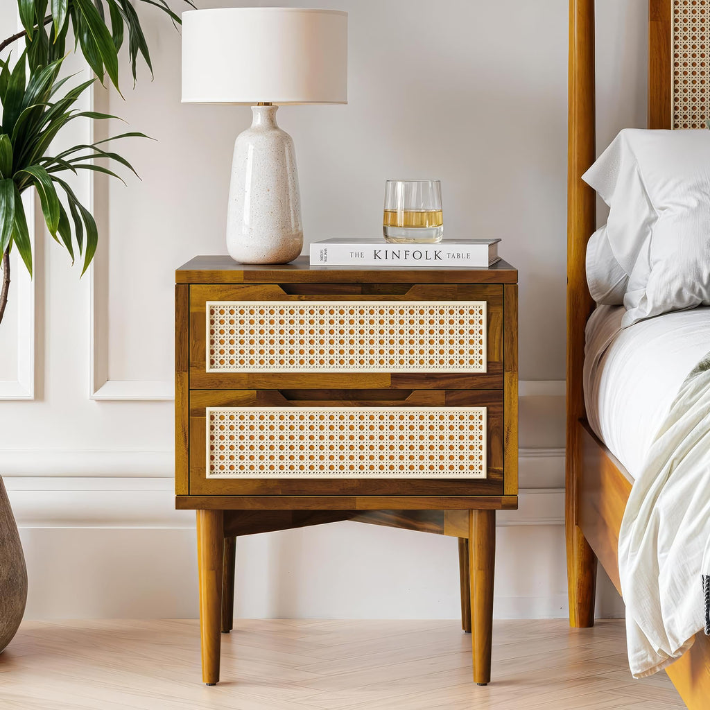 Bme Georgina Solid Wood Nightstand With 1 Drawer & Open Shelf- Fully Assembled Mid Century Modern Side Table - Geometric Pattern Bedside Dresser for Bedroom and Living Room