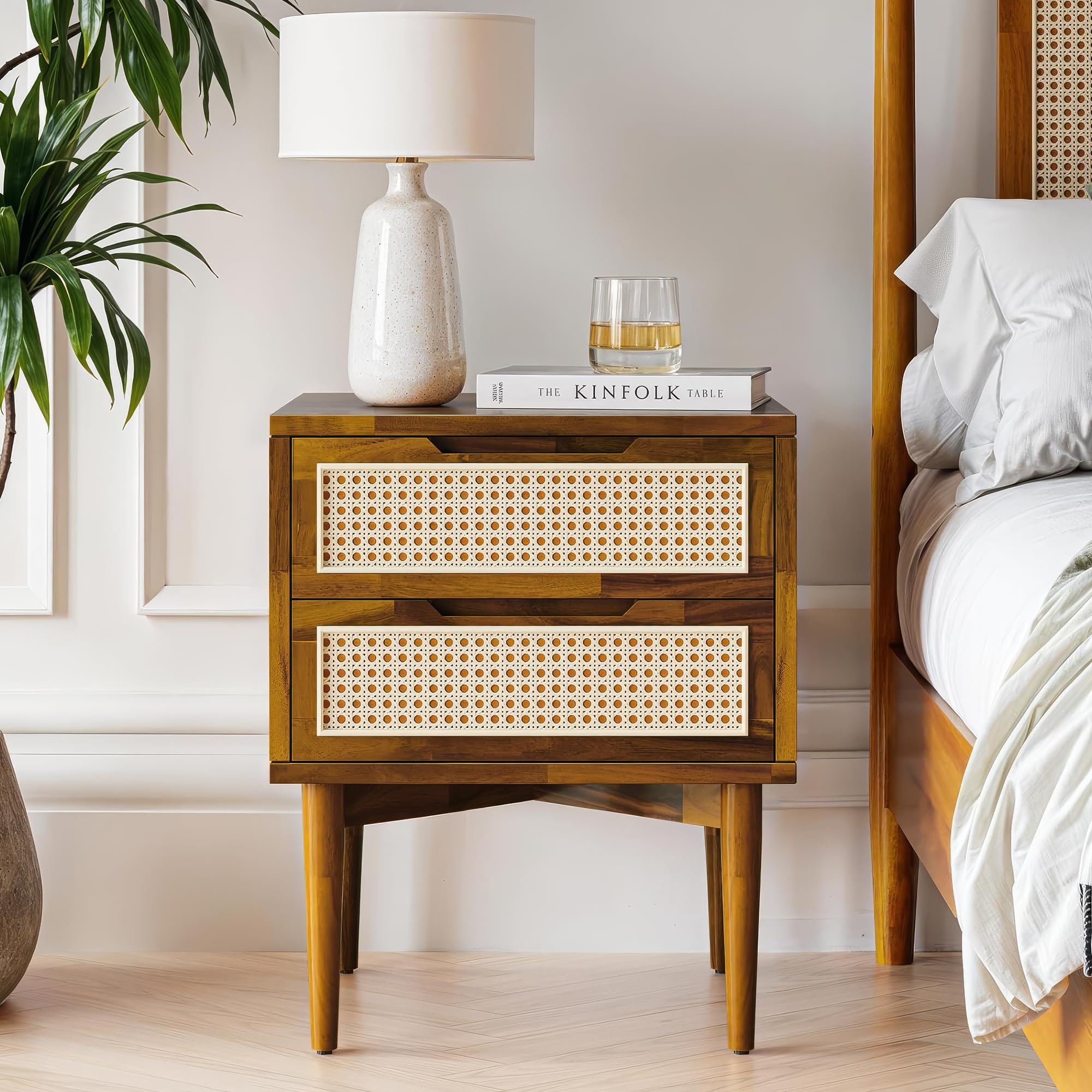 Bme Georgina Solid Wood Nightstand With 1 Drawer & Open Shelf- Fully Assembled Mid Century Modern Side Table - Geometric Pattern Bedside Dresser for Bedroom and Living Room
