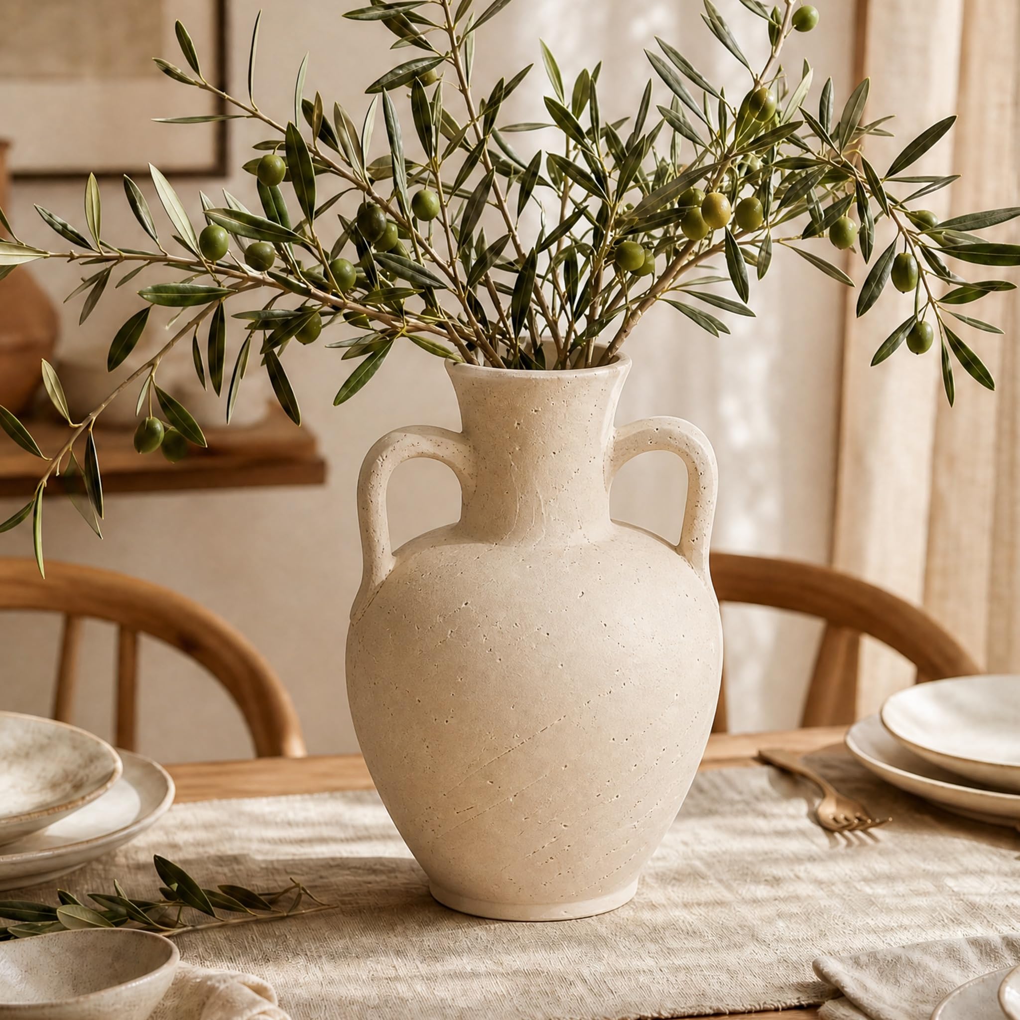 Handmade Ceramic Decorative Vase – Warm White Rustic Textured 10.4” Round Vase with Irregular Waves and Weathered Stone Finish for Home, Office, Farmhouse Decor