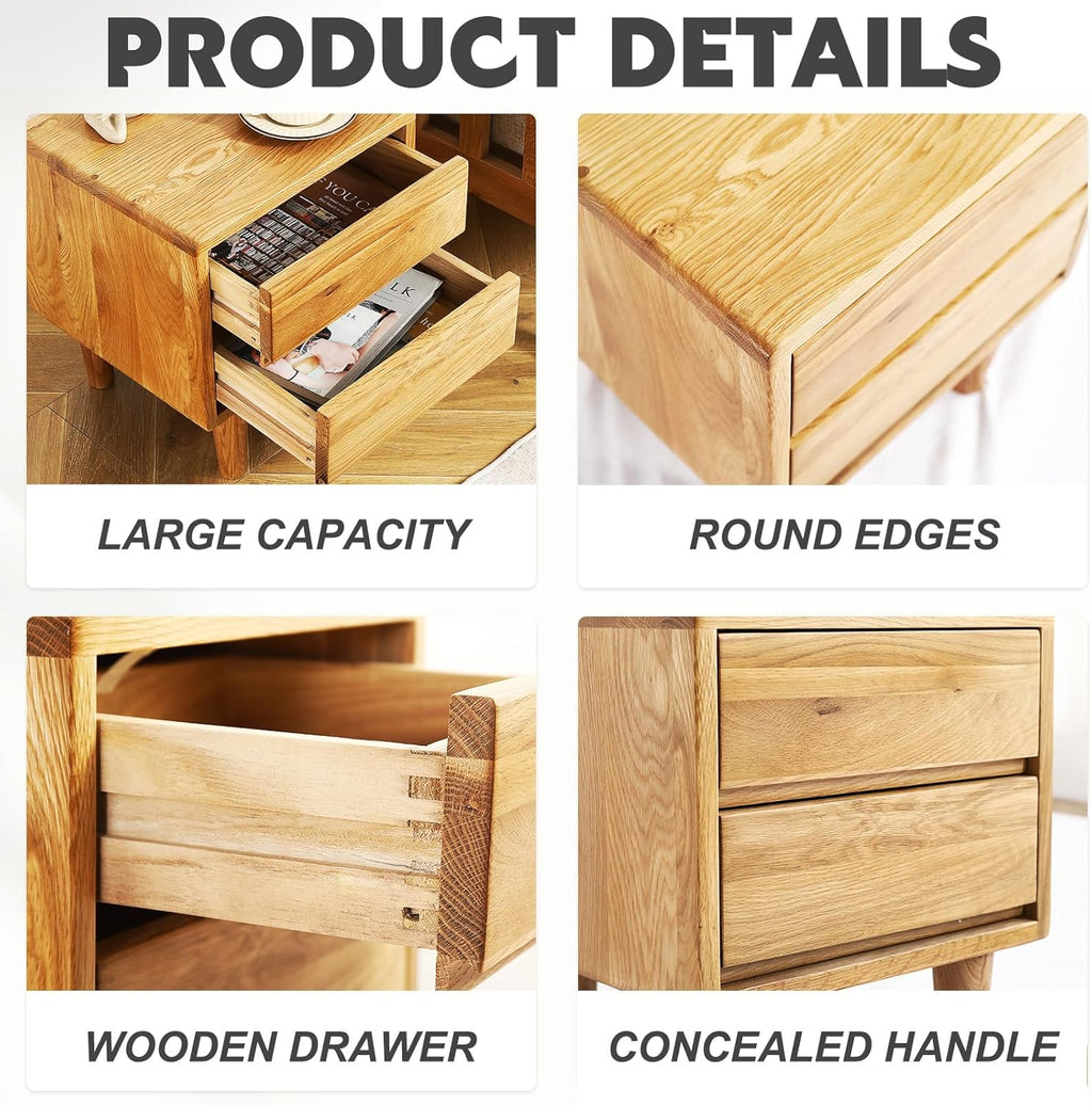 Solid Oak Wood Nightstand, Bedside Table with 2 Drawer, Mid-Century Luxury Night Stand, Modern Sofa Side End Table, Farmhouse Wooden Night Stand Bedside Table for Bedroom, Easy Assembly, Natural Color