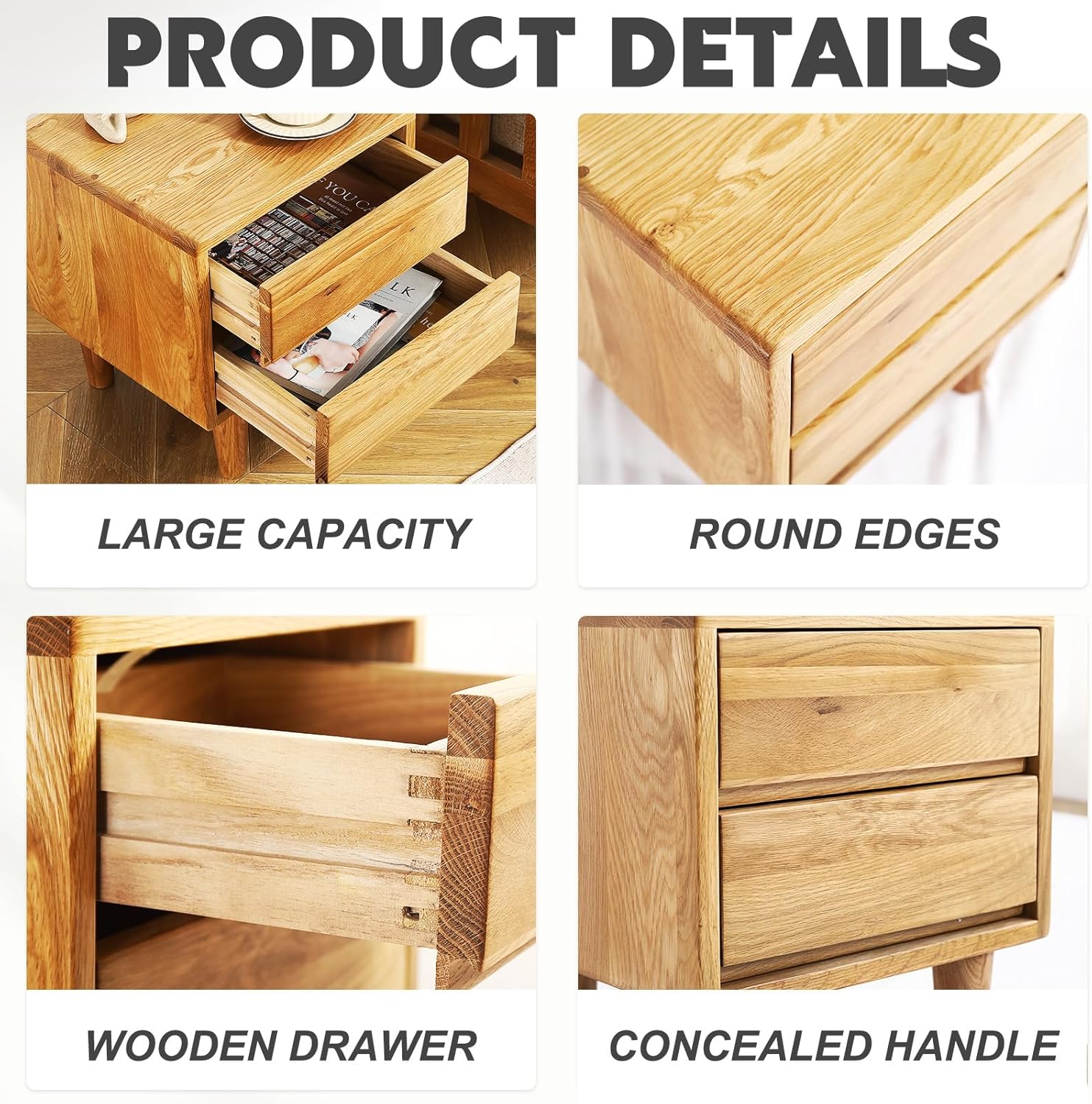 Solid Oak Wood Nightstand, Bedside Table with 2 Drawer, Mid-Century Luxury Night Stand, Modern Sofa Side End Table, Farmhouse Wooden Night Stand Bedside Table for Bedroom, Easy Assembly, Natural Color
