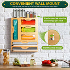 KOCWELL Bag Organizer and Plastic Wrap Dispenser with Cutter, 6 In 1 Bamboo Foil and Plastic Wrap Organizer for Kitchen Drawer, Food Storage Bag Organizer for Gallon,Quart,Sandwich,Snack(Yellow)