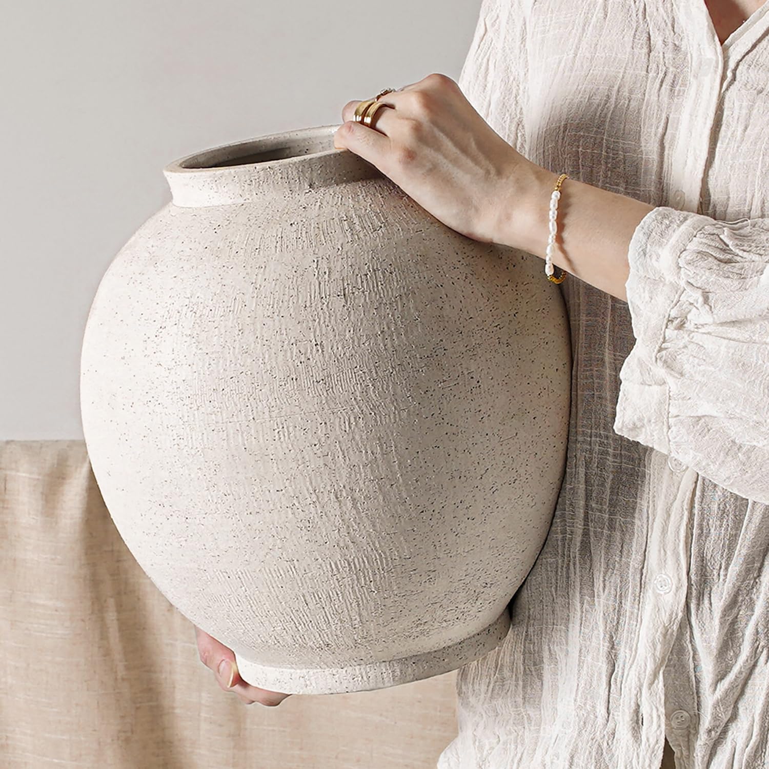 Large White Ceramic Vase - 9.8 Inch Rustic Farmhouse Flower Vase for Home Decor, Minimalist Tall Vases for Living Room, Table, Bathroom, Holiday & Weddings (Sandstone White)