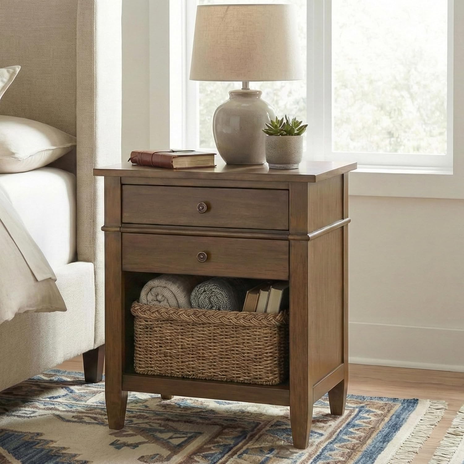 SIMPLIHOME Carlton Bedside Table - 24 inch Wide Solid Wood Nightstand Table in Rustic Natural Aged Brown, Transitional Bedroom Side or End Table with 2 Drawers, Open Storage Shelf and Bronze Hardware