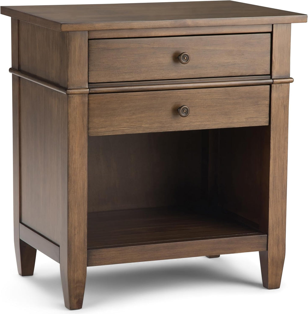 SIMPLIHOME Carlton Bedside Table - 24 inch Wide Solid Wood Nightstand Table in Rustic Natural Aged Brown, Transitional Bedroom Side or End Table with 2 Drawers, Open Storage Shelf and Bronze Hardware