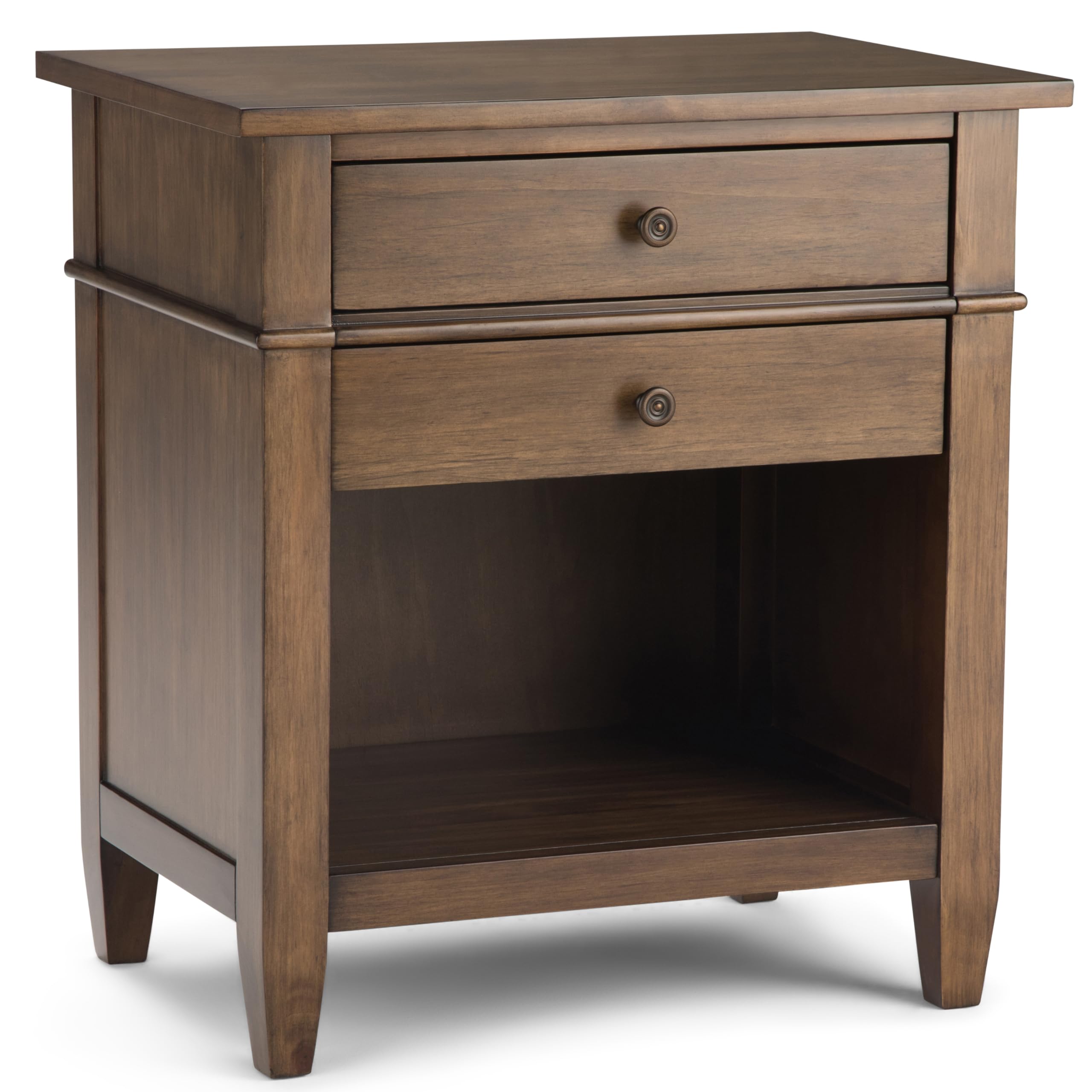 SIMPLIHOME Carlton Bedside Table - 24 inch Wide Solid Wood Nightstand Table in Rustic Natural Aged Brown, Transitional Bedroom Side or End Table with 2 Drawers, Open Storage Shelf and Bronze Hardware