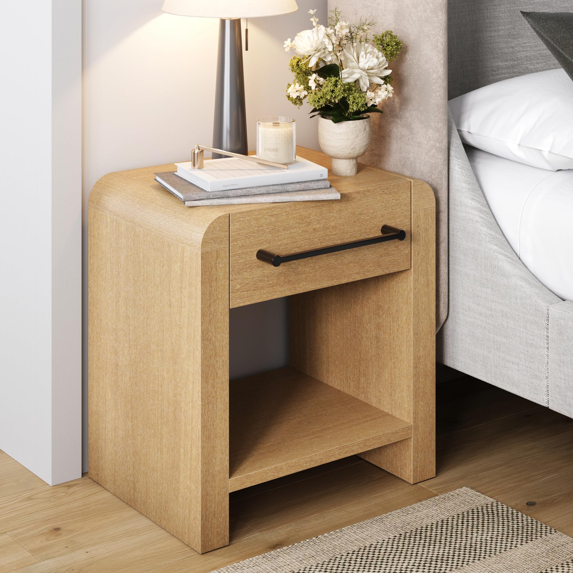 Nathan James Solace Mid Century Modern 2 Drawer Nightstand with Solid Wood Frame and Rounded Details, Raw Oak