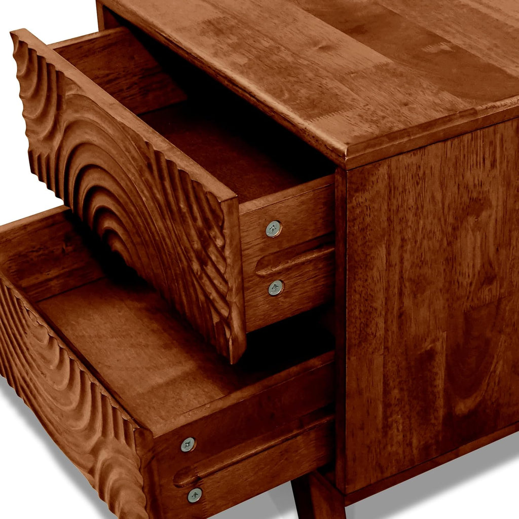 Acacia Harmony Solid Wood 2-Drawer Nightstand – Mid Century Modern Bedside Table with Carved Front, Vintage Walnut Finish, End Table for Bedroom or Living Room, Easy Assembly