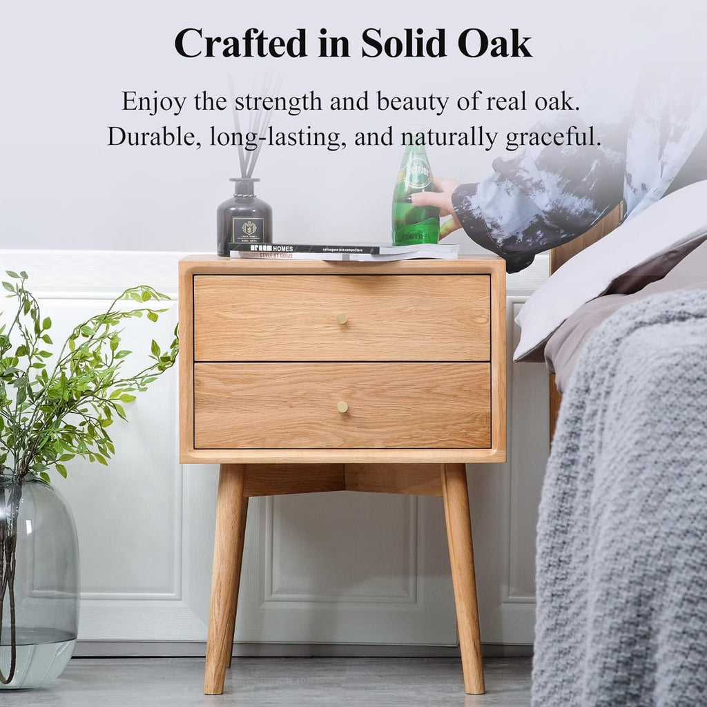 Night Stand, Midcentury Modern Solid Wood Nightstand with Drawer, Durable Sturdy Tall Bedside Tables with High Stool Leg, 17.72 W x 13.78 D x 23.63 H Inches (Natural)