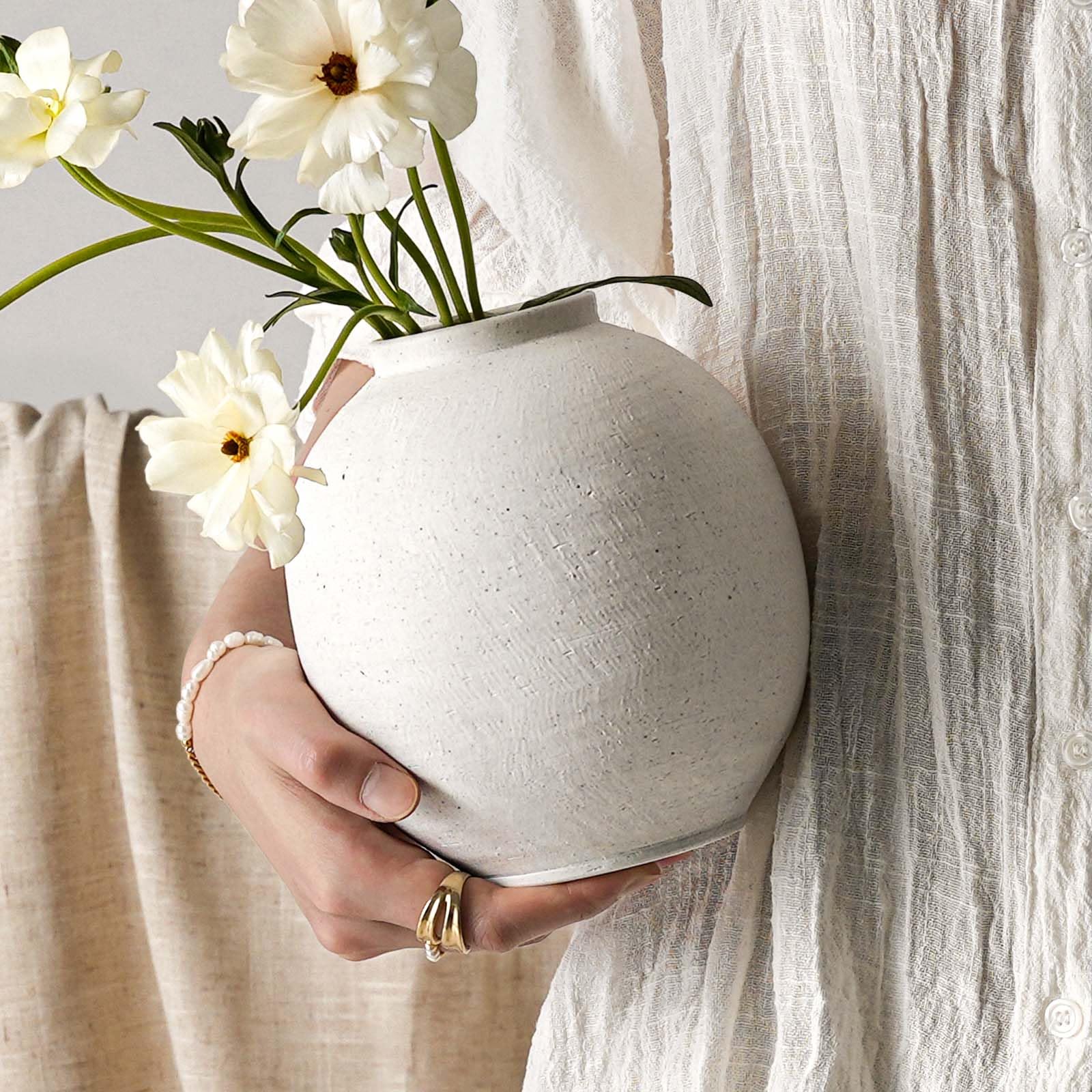 Large White Ceramic Vase - 9.8 Inch Rustic Farmhouse Flower Vase for Home Decor, Minimalist Tall Vases for Living Room, Table, Bathroom, Holiday & Weddings (Sandstone White)