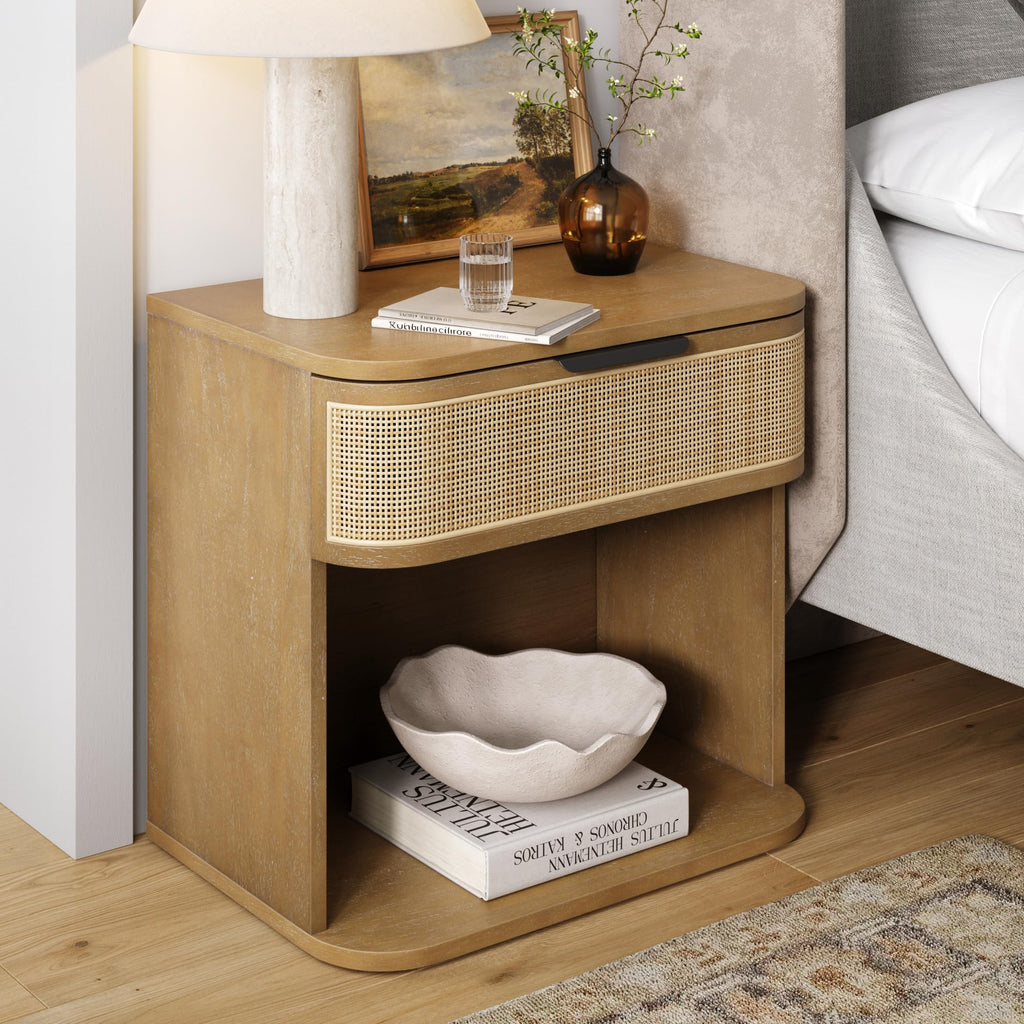 Nathan James Solace Mid Century Modern 2 Drawer Nightstand with Solid Wood Frame and Rounded Details, Raw Oak