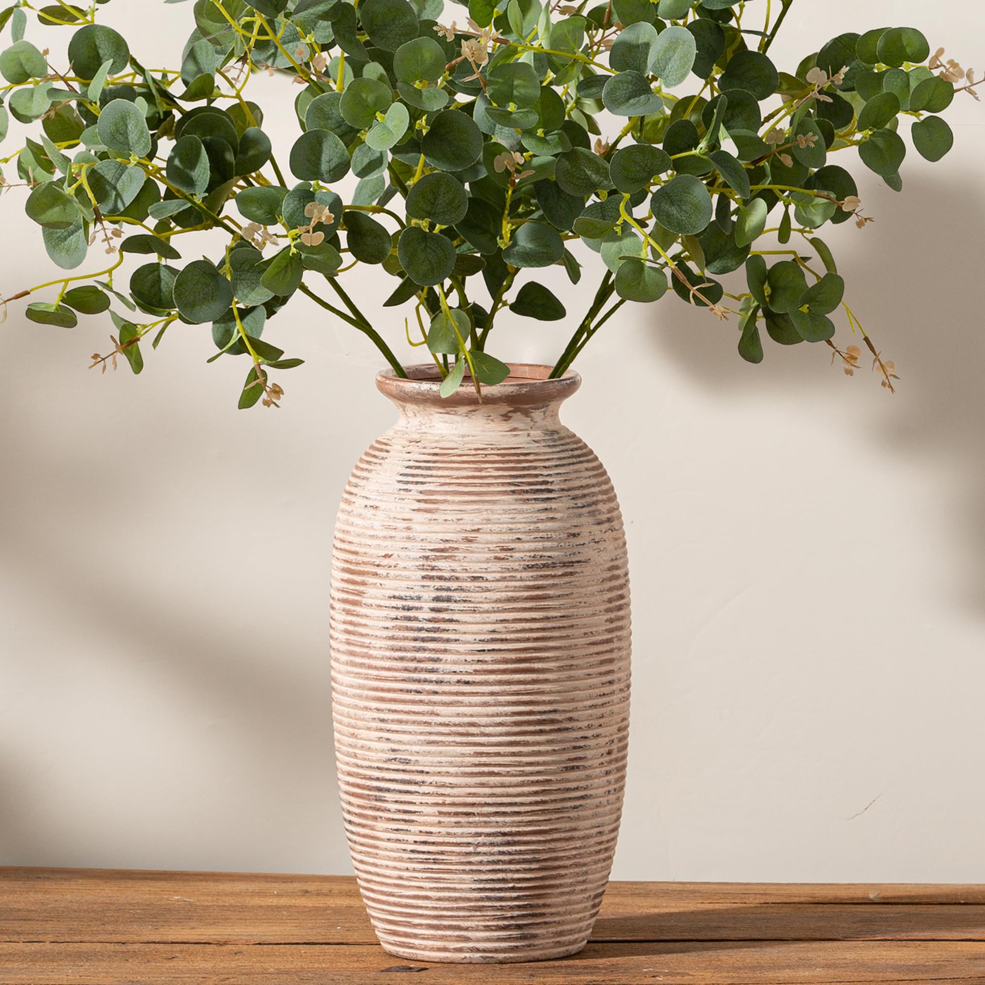 Ceramic Flower Vase, 7.48 Inch White Rustic Farmhouse Decorative Vase Pottery Wide-Mouth Vases for Home Decor Table Living Room Entryway Mantel Bookshelf Bedroom Bathroom Kitchen
