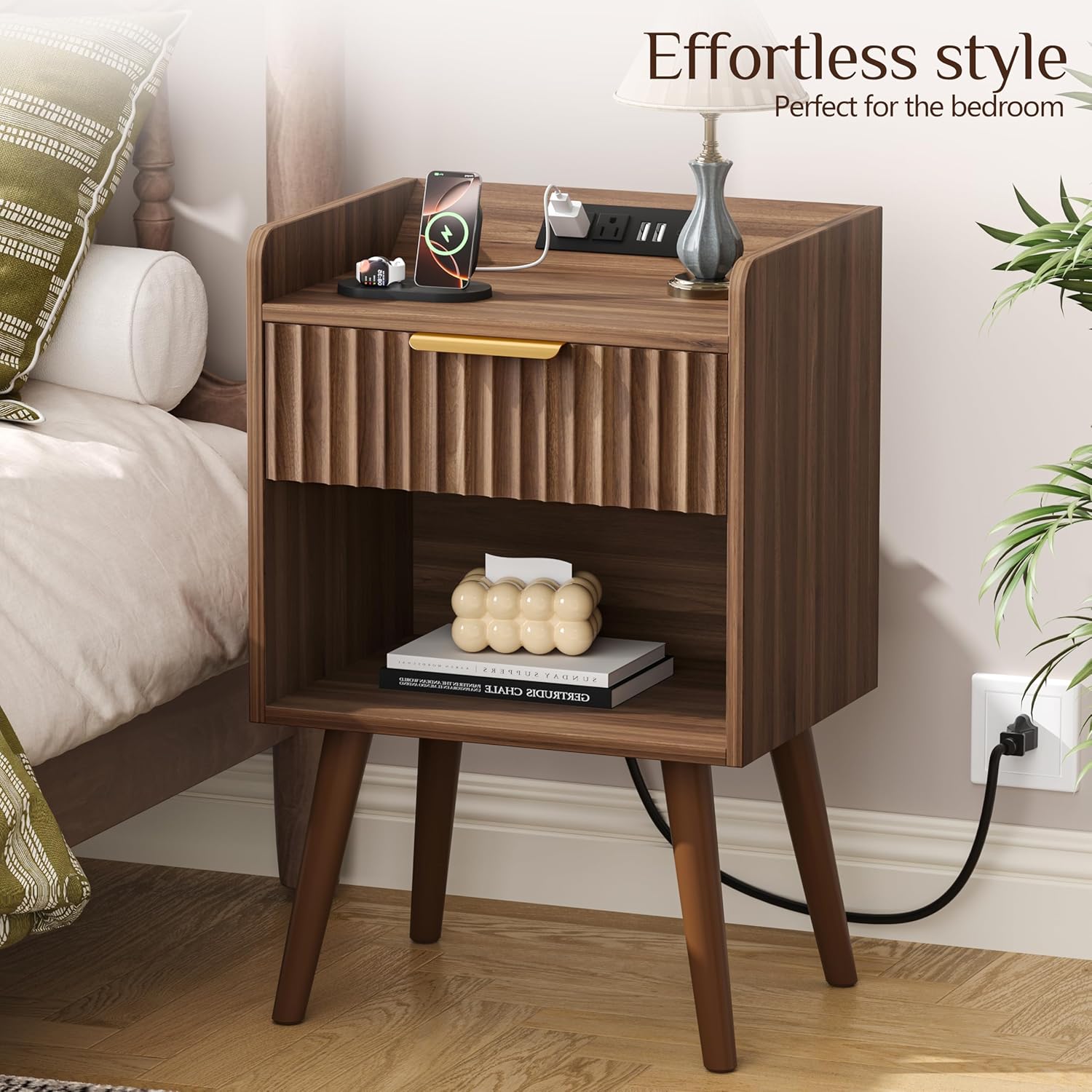 Nightstand, Fluted Night Stand with Charging Station, Small Bedside Table with Drawer&Open Storage, Solid Wood Legs, End Table for Bedroom, Walnut