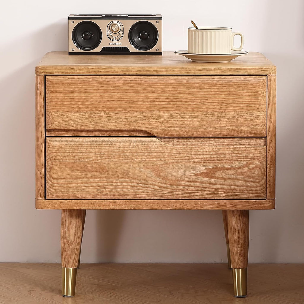 Solid Wood Nightstand,Oak Wooden Mid Century Night Stand with 2-Silent Drawer,Small Bedside Table for Bedroom, Living Room and Dorm (19.29H,Natura