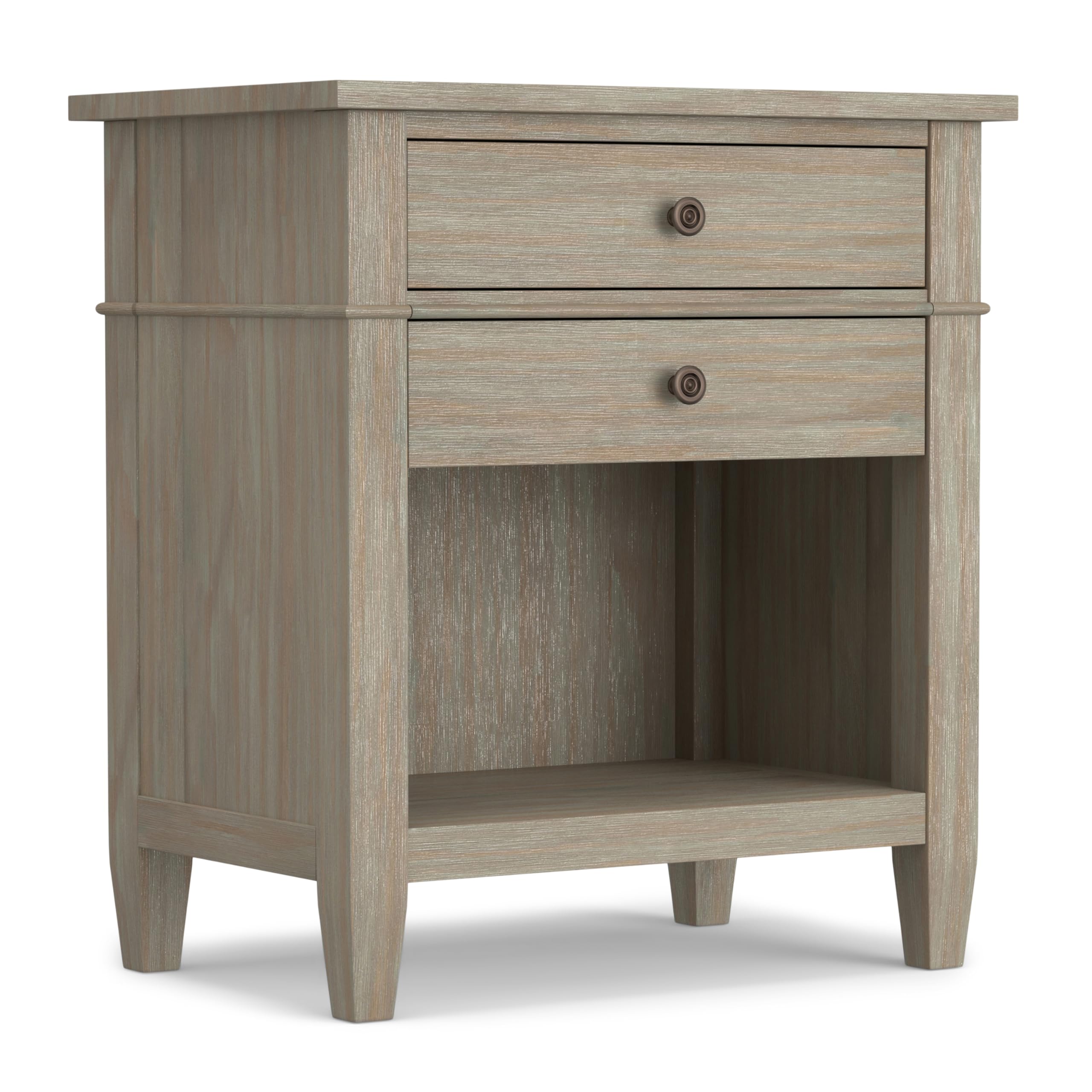 SIMPLIHOME Carlton Bedside Table - 24 inch Wide Solid Wood Nightstand Table in Rustic Natural Aged Brown, Transitional Bedroom Side or End Table with 2 Drawers, Open Storage Shelf and Bronze Hardware