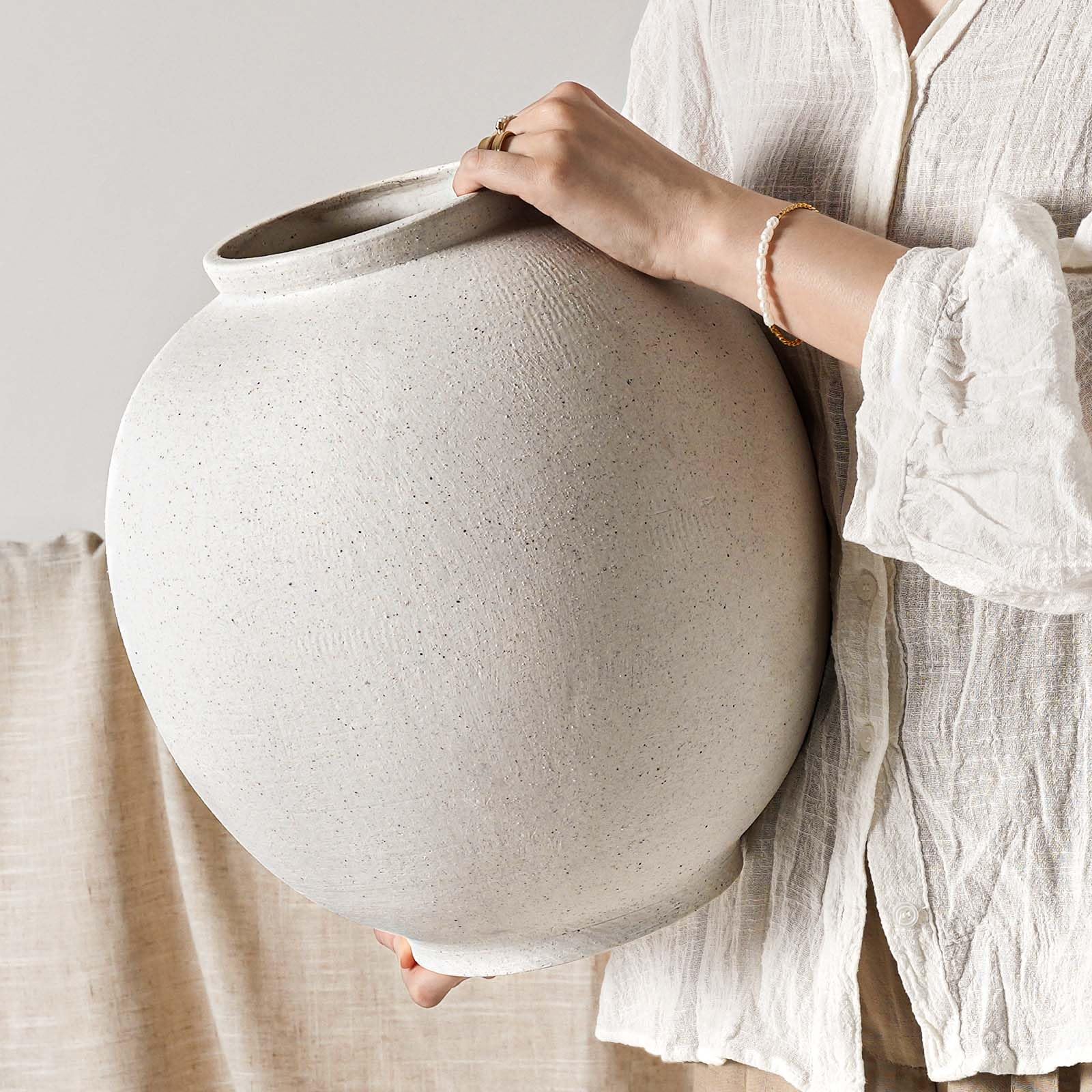 Large White Ceramic Vase - 9.8 Inch Rustic Farmhouse Flower Vase for Home Decor, Minimalist Tall Vases for Living Room, Table, Bathroom, Holiday & Weddings (Sandstone White)