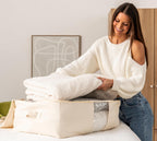 Soft Canvas Storage Bags with Zipper. Thick Breathable, 2pc King/Queen Comforter Organizer. Four Carrying Handles and Window. Large 25x19x9in Bag for Sheets Blankets Bedding Pillows, Clothes
