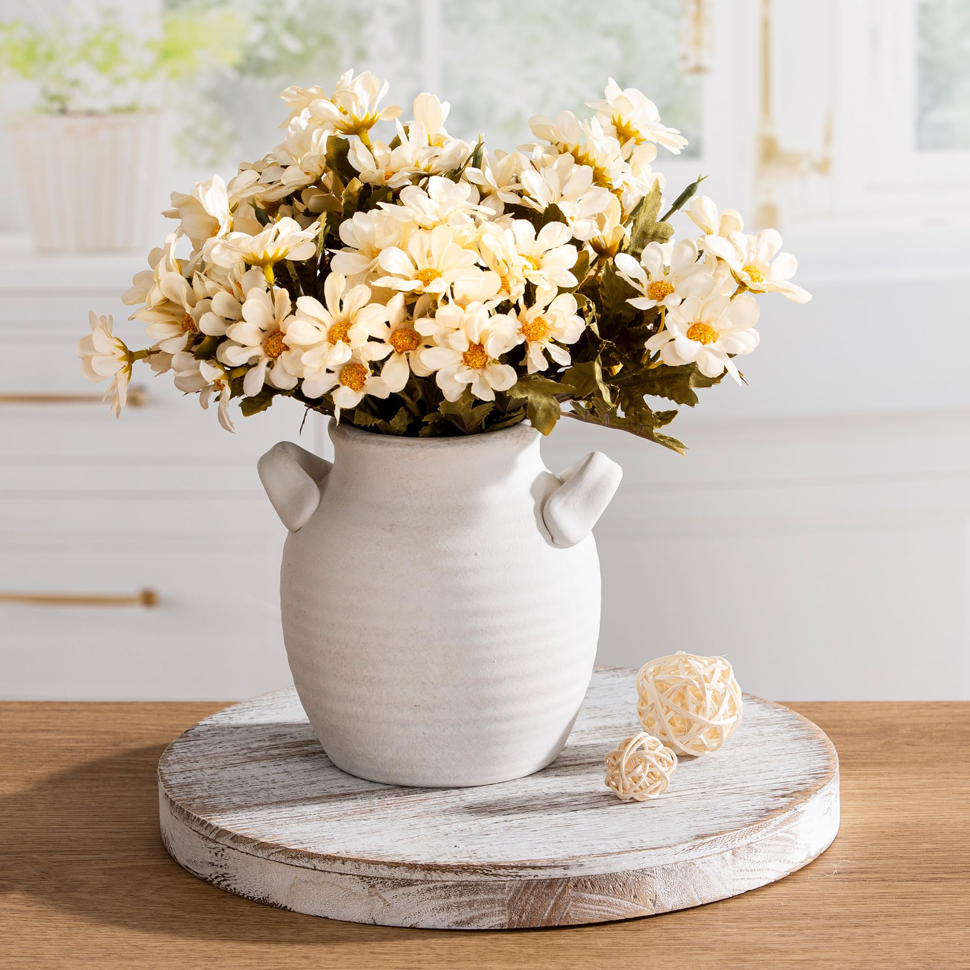 Vanselia Ceramic Flower Vase Home Decor - Farmhouse Table Vases with Handle Living Room Decoration Vintage Decorative Aesthetic for Shelf Coffee Dining Desk House Bookshelf Fireplace (7.1" Retro)