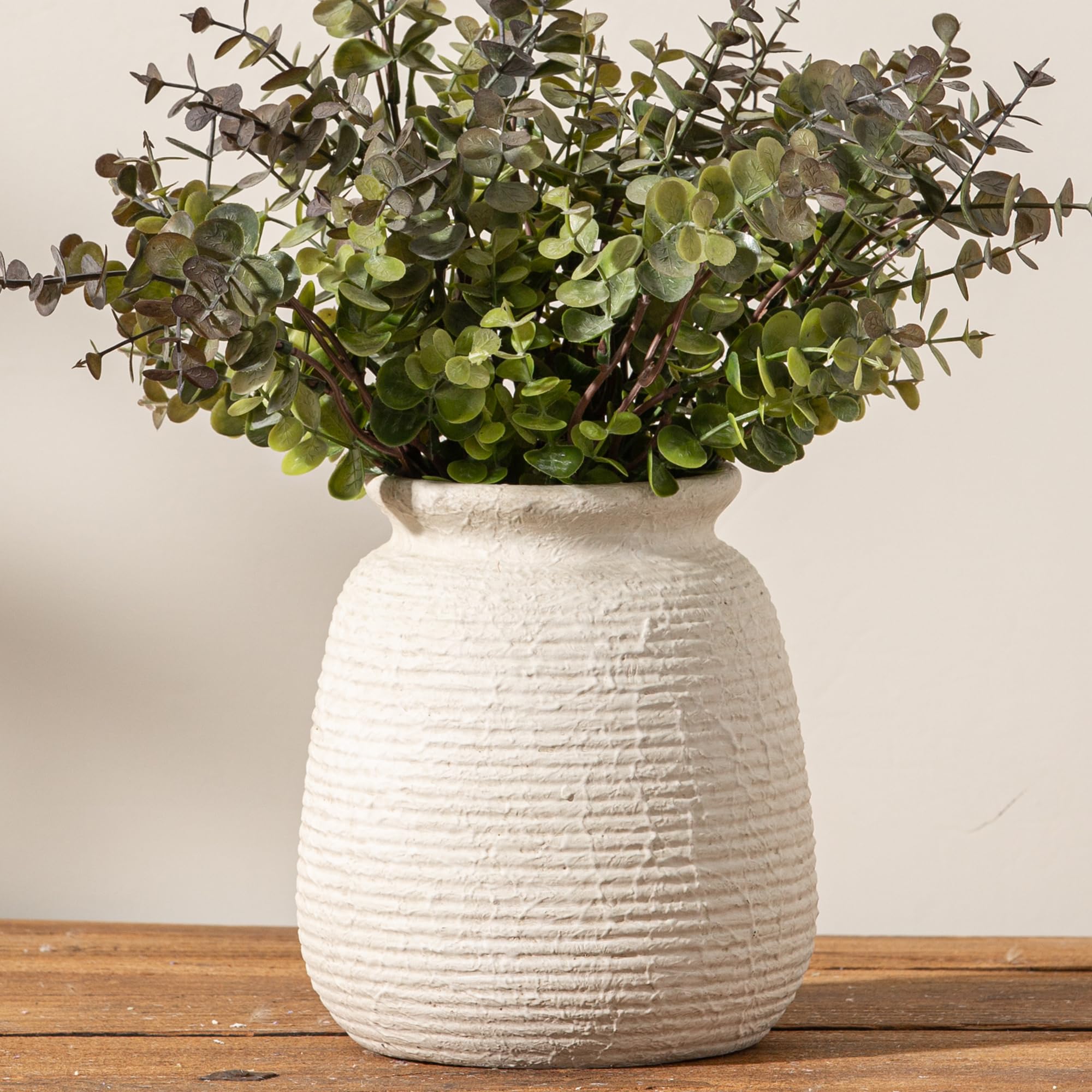 Ceramic Flower Vase, 7.48 Inch White Rustic Farmhouse Decorative Vase Pottery Wide-Mouth Vases for Home Decor Table Living Room Entryway Mantel Bookshelf Bedroom Bathroom Kitchen
