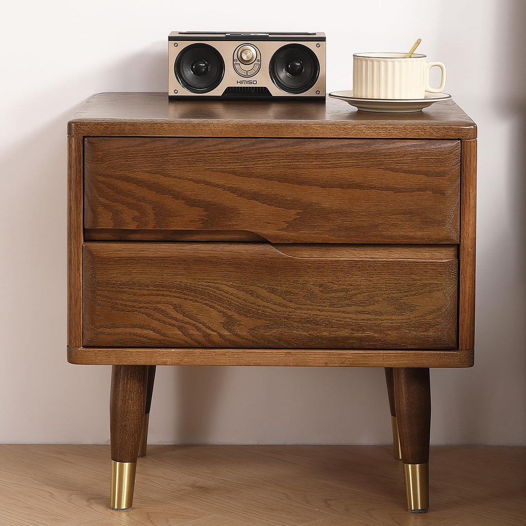 Solid Wood Nightstand,Oak Wooden Mid Century Night Stand with 2-Silent Drawer,Small Bedside Table for Bedroom, Living Room and Dorm (19.29H,Natura