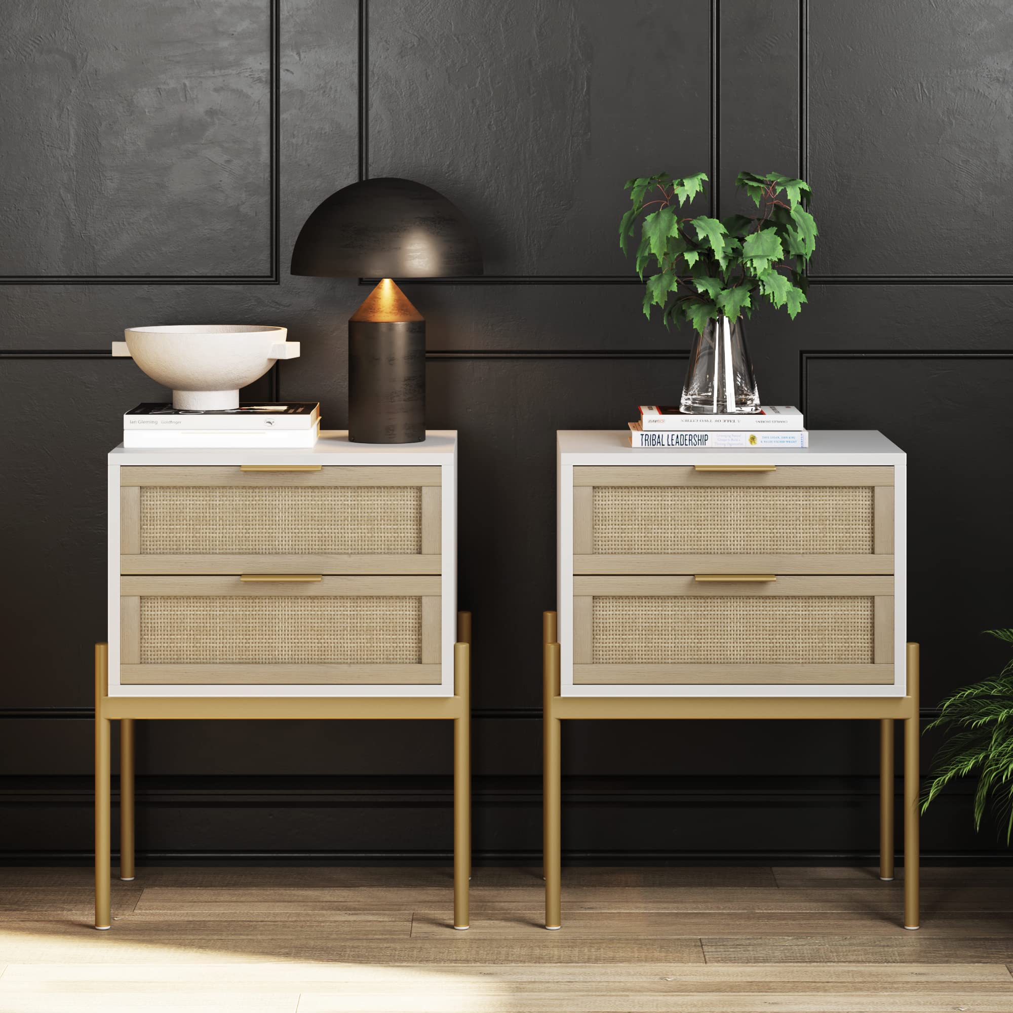 Nathan James Solace Mid Century Modern 2 Drawer Nightstand with Solid Wood Frame and Rounded Details, Raw Oak