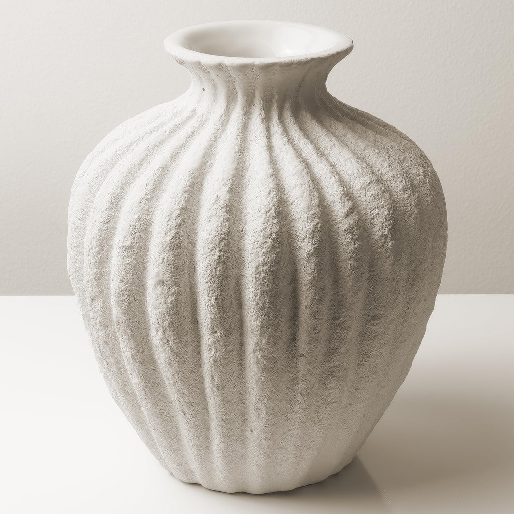 Handmade Ceramic Decorative Vase – Warm White Rustic Textured 10.4” Round Vase with Irregular Waves and Weathered Stone Finish for Home, Office, Farmhouse Decor