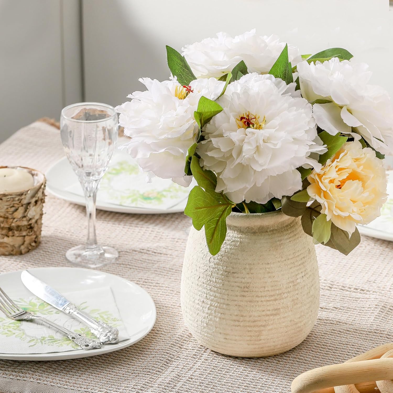Ceramic Flower Vase, 7.48 Inch White Rustic Farmhouse Decorative Vase Pottery Wide-Mouth Vases for Home Decor Table Living Room Entryway Mantel Bookshelf Bedroom Bathroom Kitchen