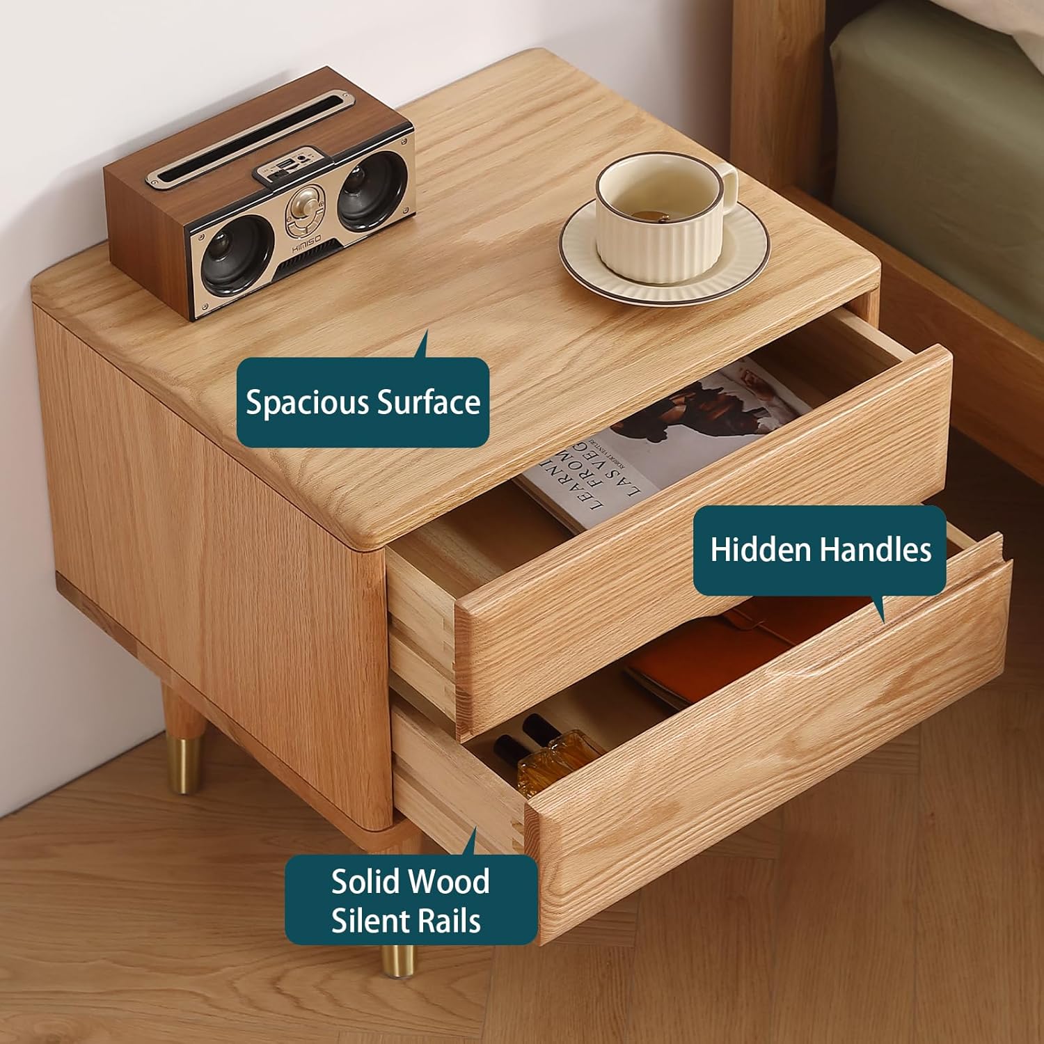 Solid Wood Nightstand,Oak Wooden Mid Century Night Stand with 2-Silent Drawer,Small Bedside Table for Bedroom, Living Room and Dorm (19.29H,Natura